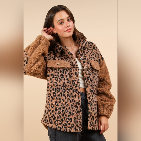 VERY J Fuzzy Leopard Button Down Long Sleeve Jacket - Picture 2 of 6